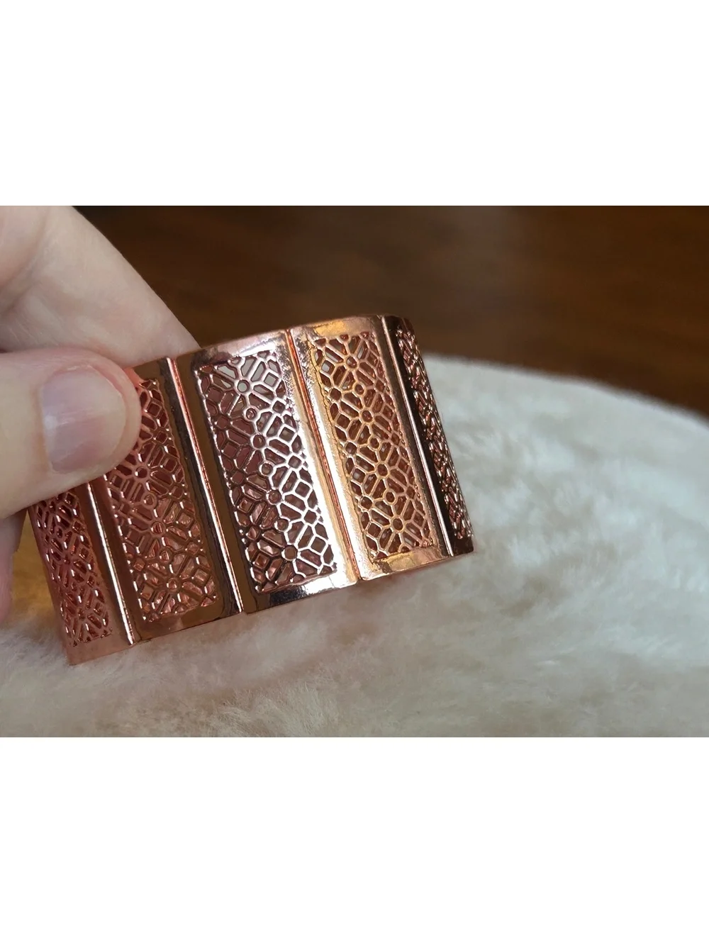 Wide Rose Gold Tone Stretch Bangle Bracelet with Intricate Pattern